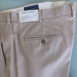 NWT Paul Fredrick Mens Pleated Cotton Khaki Trousers 44 Unhemmed Tan Pants